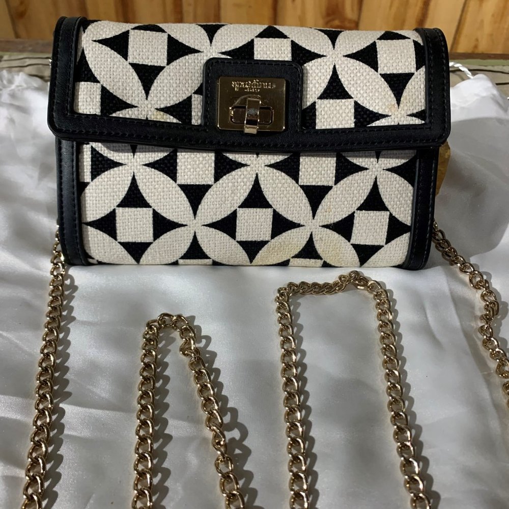 Navy Leather and White Linen Clutch with Goldtone Chain